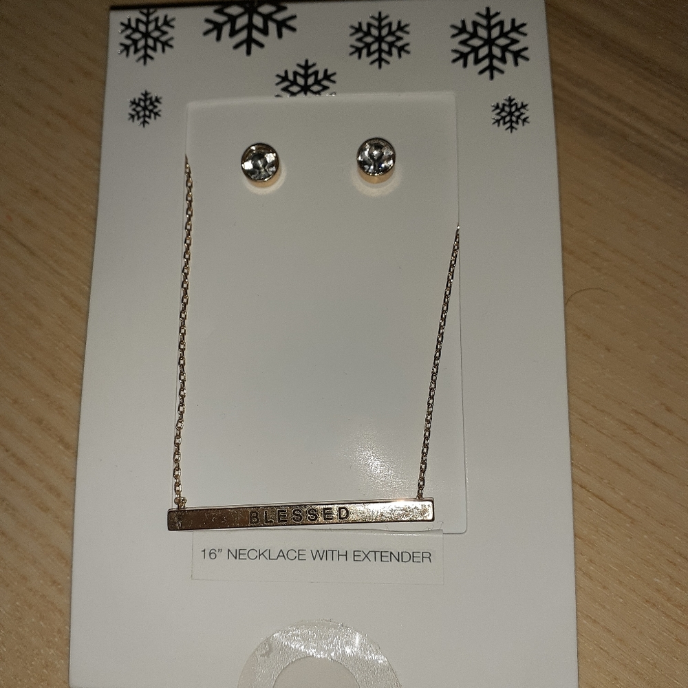 BLESSED Bar Necklace & Earrings Set Goldtone